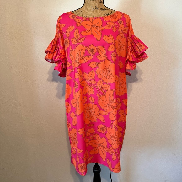 Hot pink and orange floral print dress featuring ruffled sleeves medium - Picture 2 of 11